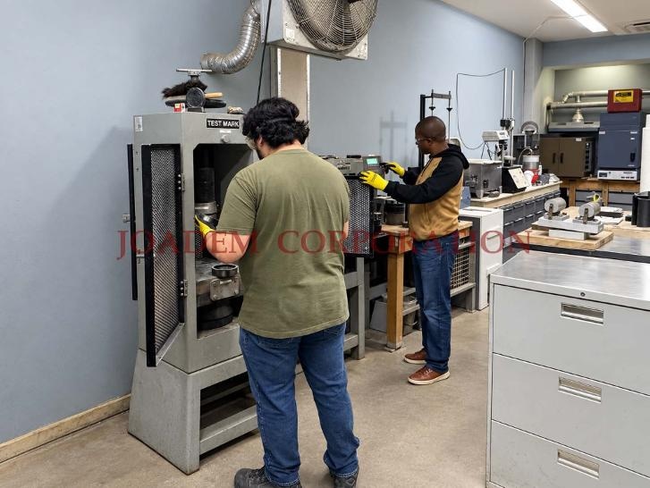 Two JOADEM technicians in gloves operating a concrete compression testing machine in the materials laboratory